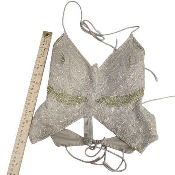 Y2K 5.7.9 Vintage Beaded Sequin Butterfly Halter Top Medium Green Cream - Picture 7 of 7